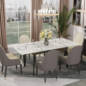 4-8 People Extendable Dining Table High Gloss Marble Kitchen Table w/ Steel Legs - Picture 1 of 21