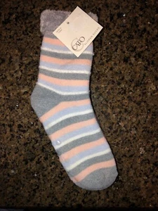 Ladies Cato Slipper Socks Gray, White, Pink, &  Light Blue Stripe  Fuzzy Inside  - Picture 1 of 5