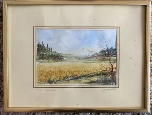 Watercolor J. Werner Field Edge Harvest Blue Sky Field Path Nature Frame Firs - Picture 1 of 4