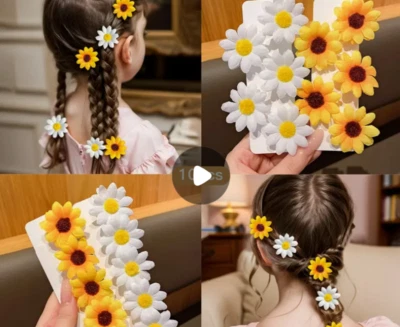 Pinzas para el cabello de tela tejida para niña miel color liso diseño margarita y girasol 10 un. Foto 1 de 3