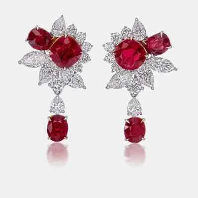 Simulated 5.45CT Pigeon Blood Ruby & White Sapphires Floral Drop-Dangle Earrings - Image 1 of 4