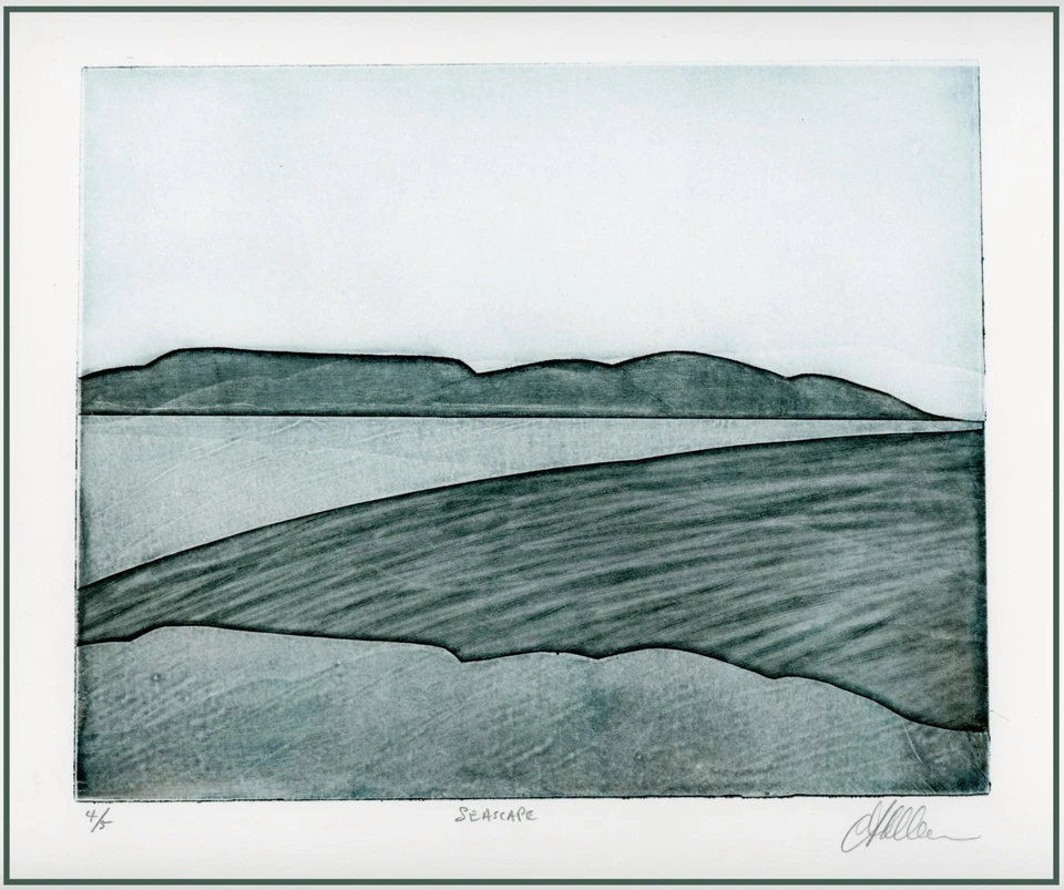 Paisaje marino simple curvilíneo calmante fresco. GRABADO COLOR ABSTRACTO firmado Foto 1 de 1