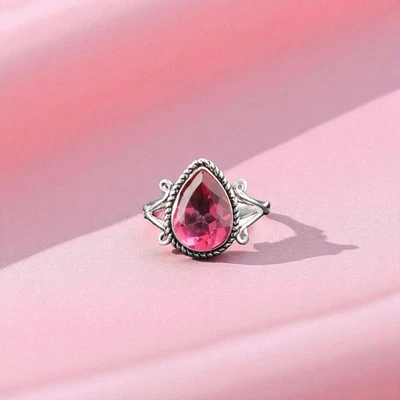 925 Silver Pear Pink Tourmaline Stone Bezel Vintage Statement Sister Ring Size 6 - Image 1 of 4