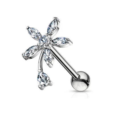 Marquise CZ Flower Surgical Steel Helix Tragus Cartilage Barbell Stud Earring - Image 1 of 4