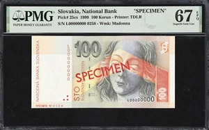 Slovakia 100 Korun 1999 SPECIMEN Pick-25cs SUPERB GEM UNC PMG 67 EPQ - Picture 1 of 2