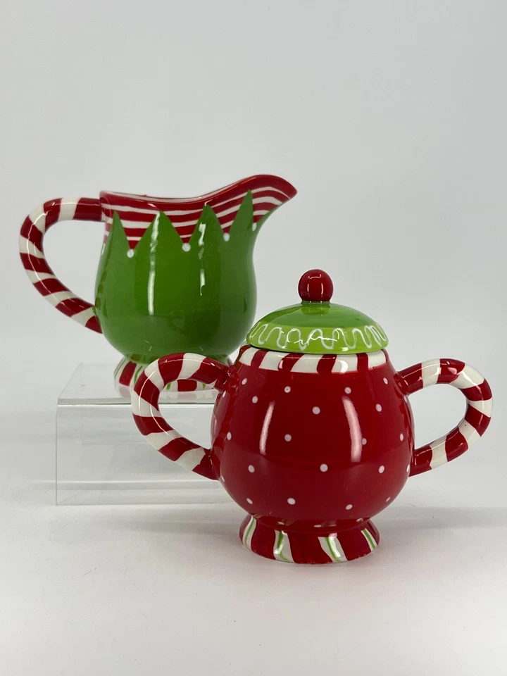 Holiday “Dots & Stripes” cream & sugar by Jane Adams Zrike Everyday Christmas - Image 1 of 4