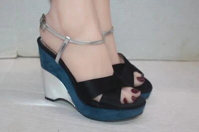 Louis Vuitton Black Satin Silver Leather Blue Suede Wedge Heels Size 37=7 US - Image 1 of 4