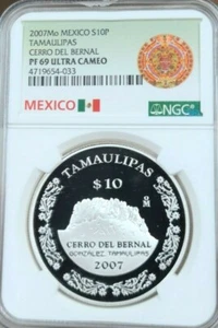 2007 MEXICO SILVER 10 PESOS TAMAULIPAS CERRO DEL BERNAL NGC PF 69 ULTRA CAMEO - Picture 1 of 4