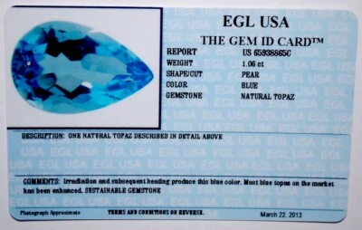 EGL USA CERTIFIED NATURAL PEAR BLUE TOPAZ 1.06 CT NOVEMBER BIRTH STONE  - Image 1 of 3