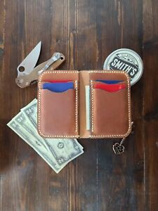 Handmade genuine leather bifold men's wallet. Horween English Tan 3.5-4oz.