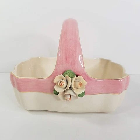 Teleflora 8.5" Ceramic Basket Pink White Gold Trim Porcelain Roses Plastic Liner Cover