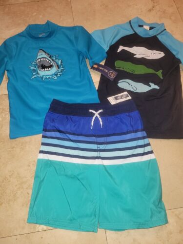 NEW lot 3 boys 7 swim shorts trunks rashguard shirt Gymboree OshKosh Cherokee