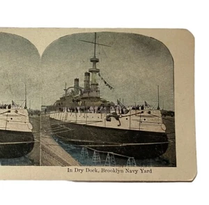 Antique Stereoscope Card In Dry Dock Brooklyn Navy Yard WWI Drawing Military - Picture 1 of 3