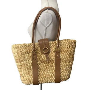 Etienne Aigner Cornhusk Tote Shoulder Bag Leather Trim Pockets Beach Resort - Picture 1 of 15