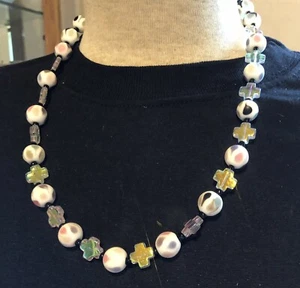Round Colored White Beads With Colored Teardrops and Pearlized Acrylic Crosses - Picture 1 of 5