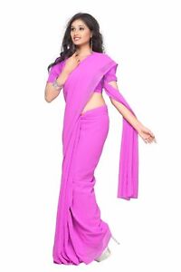 Chiffon Saree Party Wear Indian Ethnic Wedding Plain Women  Sari Blouse FreeShip