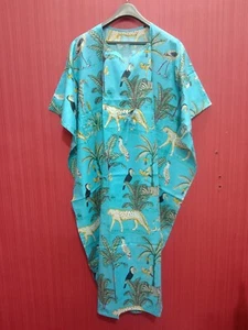 Indian 100% Cotton Long Beach Maxi Kaftan Dress One Size Caftan Kimono Gown Robe - Picture 1 of 5
