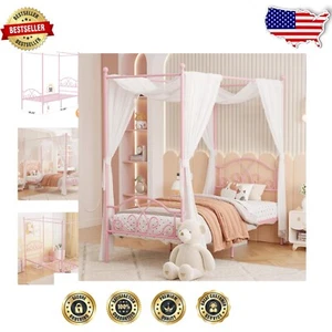Sturdy Metal Twin Canopy Bed for Kids - Easy Assembly with 4 Decorative Posts - Picture 1 of 9