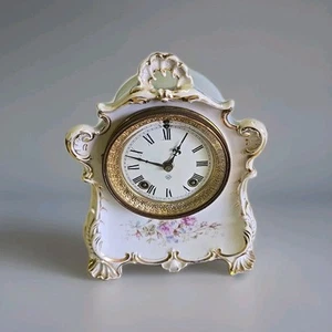 Antique Ansonia Key Wind Floral Blue & White Porcelain Mantle Clock For Repair - Picture 1 of 16