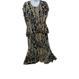 Wild Rose Dress 14 Peplum Secretary Animal Print Midi Cap Sleeve Ruffle Vtg 80s - Picture 1 of 7