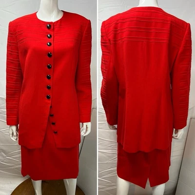 Blazer chaqueta y falda traje de diseñador Louis Feraud vintage para mujer 14 rojo lana Foto 1 de 4