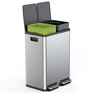 Trash Can with Lid Foot Pedal 2 Compartment 60L Stainless Steel Waste Bin Home - Picture 1 of 12