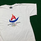 Vintage Olympische Spiele Shirt Herren M weiß Athen 2004 Griechenland buchstabiert bestickt Y2K