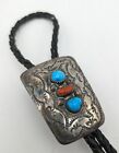 Vintage Native American Made Sterling Silver Turquoise & Coral Bolo Tie Sign R/p