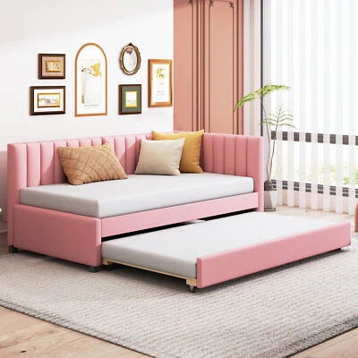 Modern Linen Fabric Upholstered Twin Size Daybed Sofa Bed Frame W/ Trundle Pink - Image 1 of 4