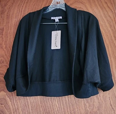 Suéter EXTRA TOUCH Negro Frente Abierto Tejido Encogido de hombros Talla 2X Cárdigan Manga Corta Nuevo con Etiquetas Foto 1 de 4