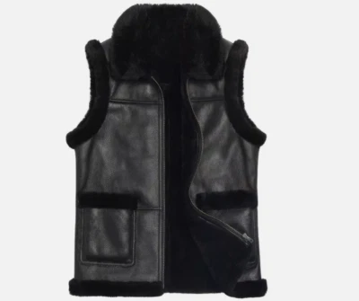 Men's BLACK Fur Real Sheep Leather Shearling Lined Vest Fur Collar Jacket - Image 1 of 3