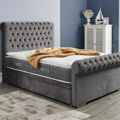 Sleigh Bed Frame Plush Velvet Gas Lift Chesterfield Double & King Size Bed - Image 1 of 4