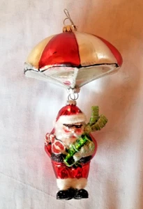 Santa Ornament Sky Diving With Parachute And Present Large Blown Glass - Picture 1 of 9