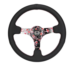 Volante reforzado de cuero negro profundo NRG® 350 mm 3" con 3 radios florales Sakura - Imagen 1 de 5