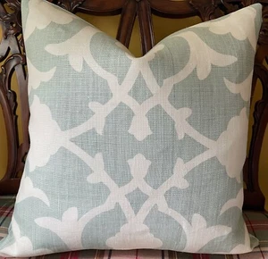 Kravet Couture Barbara Barry POETICAL Belgian Linen Aqua Ivory Pillow Cover - Picture 1 of 11