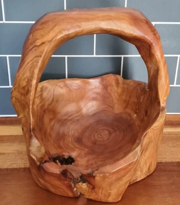 Hand Carved Shan Mu Tree Burl Root Wooden Basket With Handle 8.5" L x 8"H - Image 1 of 4