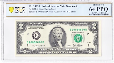 2003A $2 FRN New York Fr.1938-B PCGS 64 PPQ Fancy Serial B20080670D - Image 1 of 2