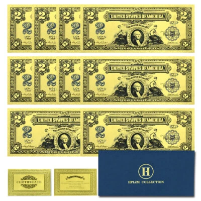US Two Dollars Gold Foil Banknotes 10pcs in Envelope 1899 Years Plastic Money - Image 1 of 4
