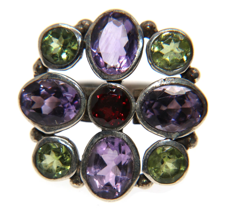 Anello argento 925 Ametista Peridoto Granato naturali misura 15 quadrato donna - Immagine 1 di 4