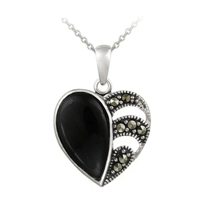925 Silver Marcasite & Onyx Heart Pendant, 18" - Image 1 of 3