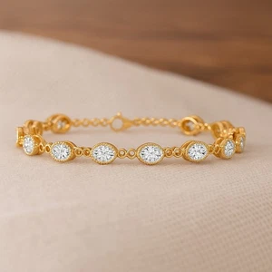 Oval Lab Grown Diamond Gold Bracelet – 14K Solid Gold April Birthstone # 1006 - Picture 1 of 19
