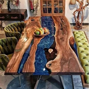 Blue Epoxy Custom Dine Table Handmade Acacia Wood Resin Top Conference Room Deco - Picture 1 of 7