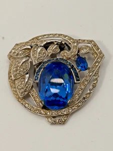 Vintage Blue Rhinestone Art Deco Dress Clip Silver Tone Pot Metal 1930s Estate - Picture 1 of 6
