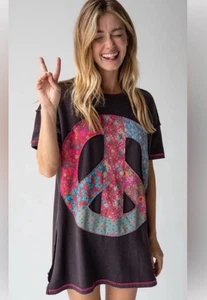 Natural Life Peace Zeichen Applikation anthrazit grau Mini T-Shirt Kleid OS - Bild 1 von 6