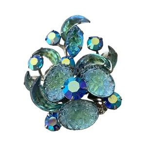 Blue Rhinestone Vintage Brooch Wire Metal Accents - Picture 1 of 3