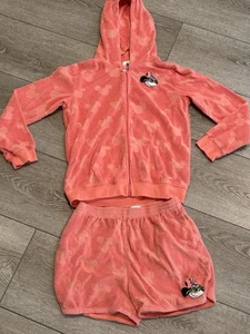 Disney Minnie Mouse Pink Burnout Hooded Zip Sweater Matching Set Shorts Size 13 - Picture 1 of 5