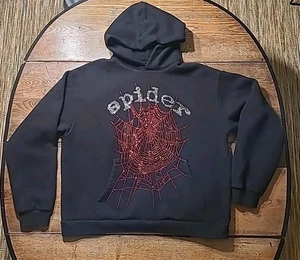 Sp5der Worldwide Black OG Red Silver Rhinestone Web Logo Hoodie XL Young Thug - Picture 1 of 7