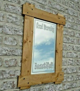 Rustic Mirror 'Good Morning Beautiful' Reclaimed Pine, Iron Stud Detail Handmade - Picture 1 of 9