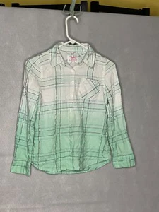 Justice Girls 12 Plaid Button Down Shirt Green Silver Shimmer Long Sleeve Cotton - Picture 1 of 4