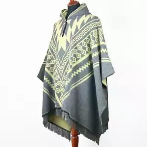 Alpaca wool Mens Unisex Hooded Poncho Aztec pattern all seasons boho hippie XXL - Picture 1 of 7